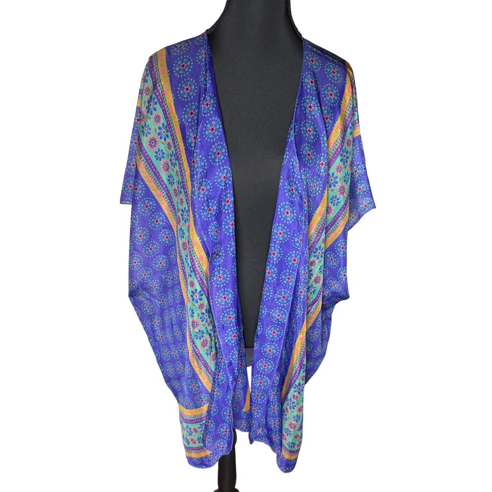 Natural‎ Life Live Happy Purple Floral Boho Kimono Wrap Open Front Cover Up OS